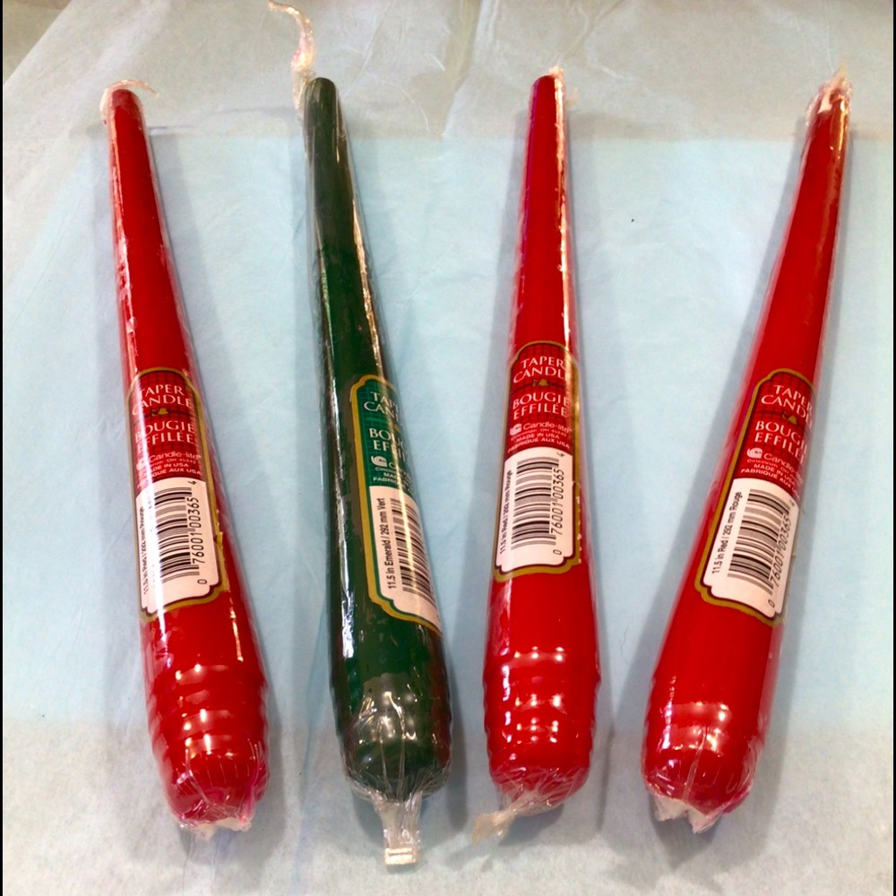 Four (4) taper 12” red and green brand new candles. Three red and 1 green.